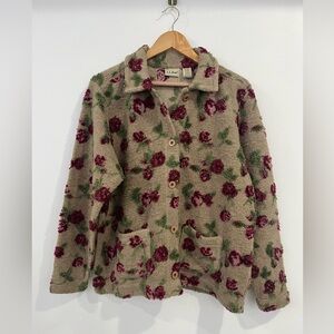 LL Bean Vtg Floral Textured Cozy Button Cardigan Jacket L Pockets Flowers Roses
